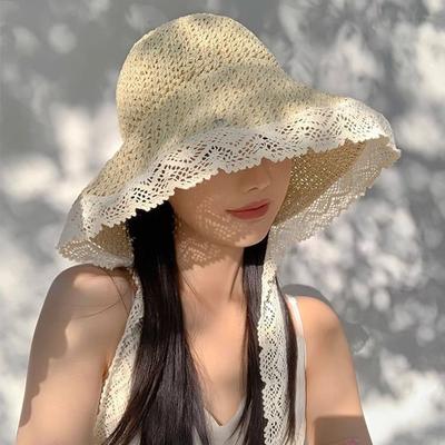 Large Edge French-style Straw Hat Wide Brim Panama Cap Handmade Beach Bucket Hat  Beach Side