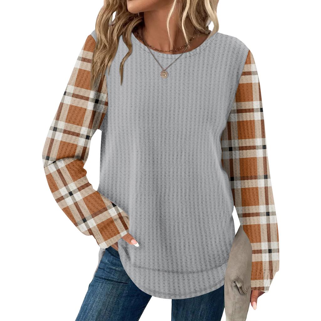 Women's Plaid Print Round Neck Long Sleeve Casual Loose Top