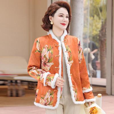 Elderly Women's Ethnic Floral Cotton Jacket with Velvet Lining and Frog Button