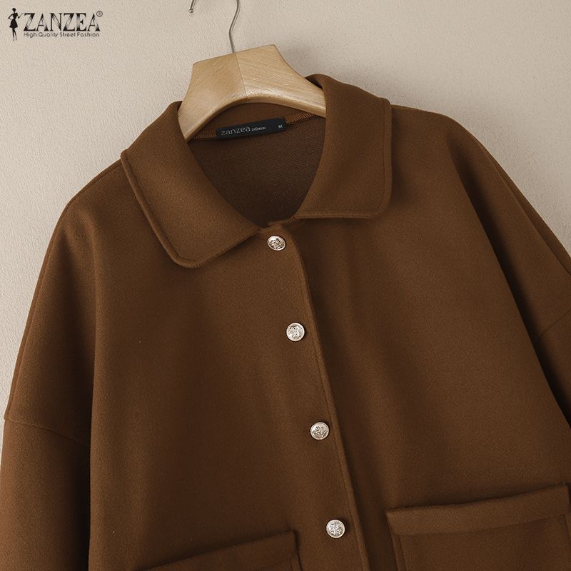ZANZEA Women Casual Turn Down Collar Long Sleeve Spring Woolen Jackets