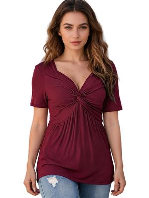 Women's V Neck Knot Front Blouse Short Sleeve Oversized Solid Summer Tunic T-Shirt