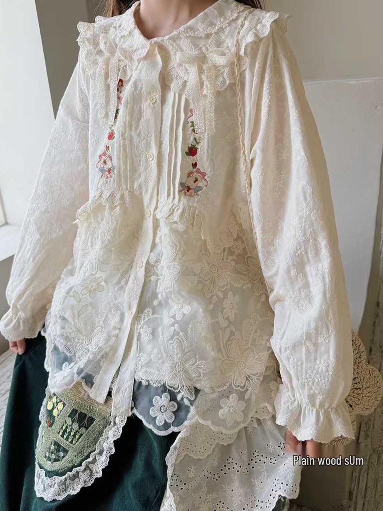 Japanischer Niedlicher Waldstil Spitze Puppenkragen Stickerei Strickjacke Hemd