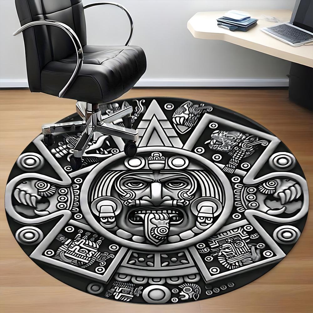 1pc Aztec Calendar Stone Office Round Area Rug, Under Office Chairs Bedroom Living Room Home Decor, Room Deco