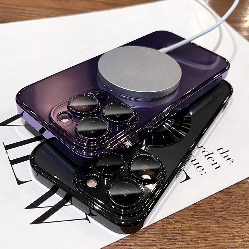 Luxury Clear High Quality Plating Case For iPhone 15 14 13 12 11 Pro Max Plus Soft TPU Lens Film Protect Magfsafe Magnetic Cover