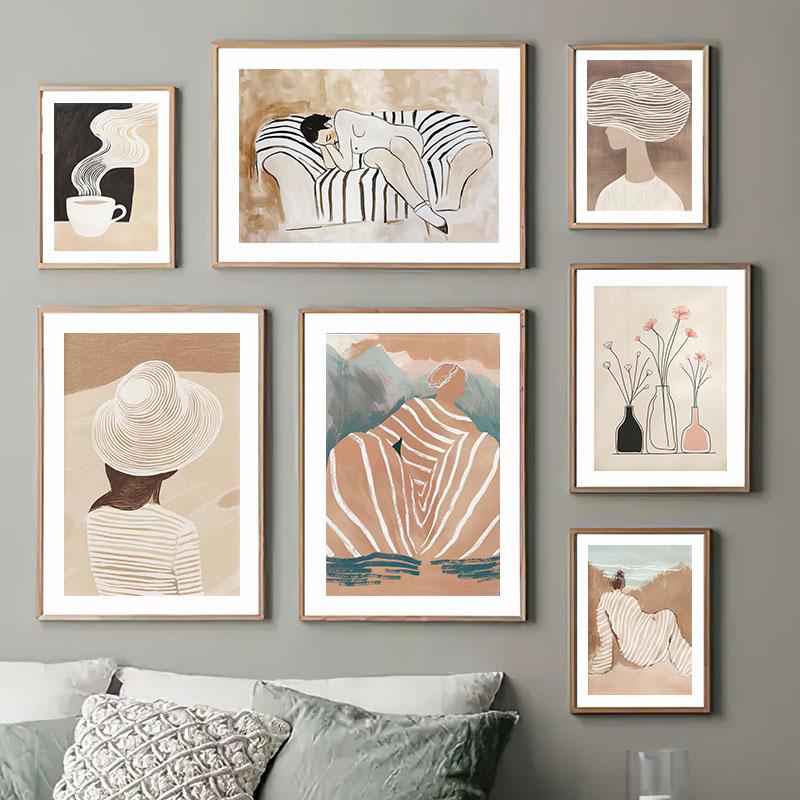 Striped Girl Coffee Vase Flower Abstract Posters Prints Wall Art Canvas Painting Hotel Bar Wall Pictures For Living Room Decor