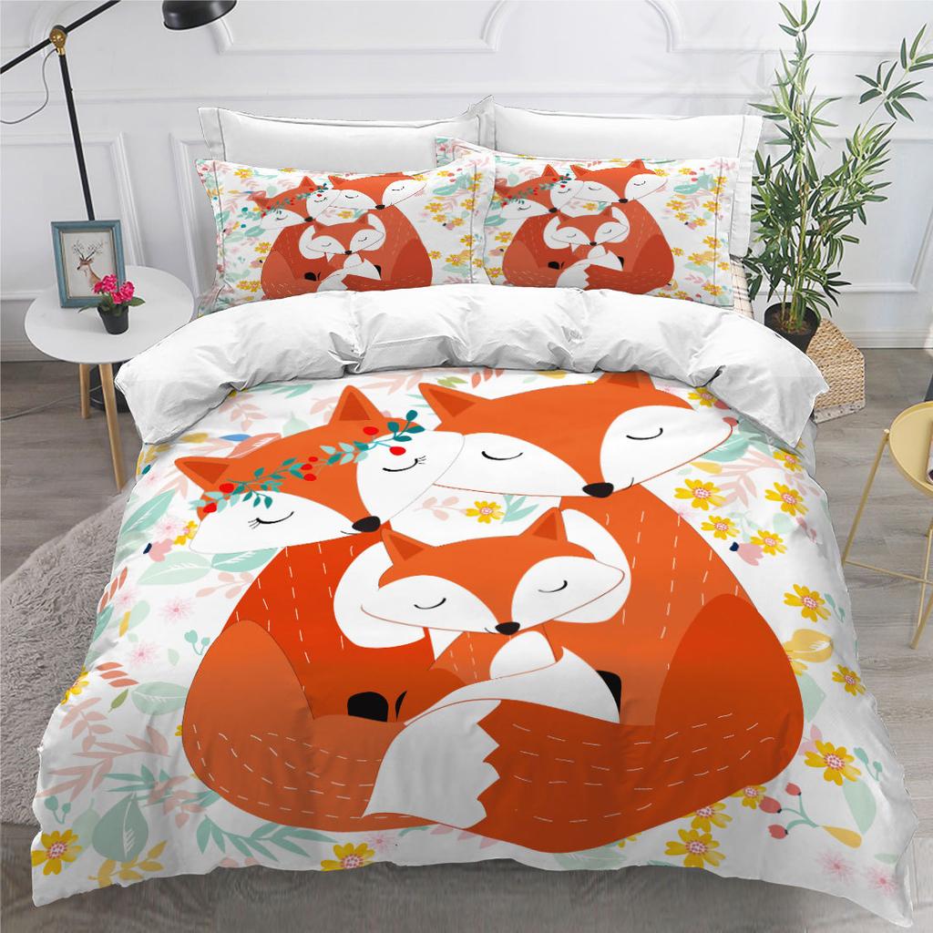 Cute Cartoon 3D Red Fox Digital Printing Three-Piece Set Size Quilt Cover Pillowcase