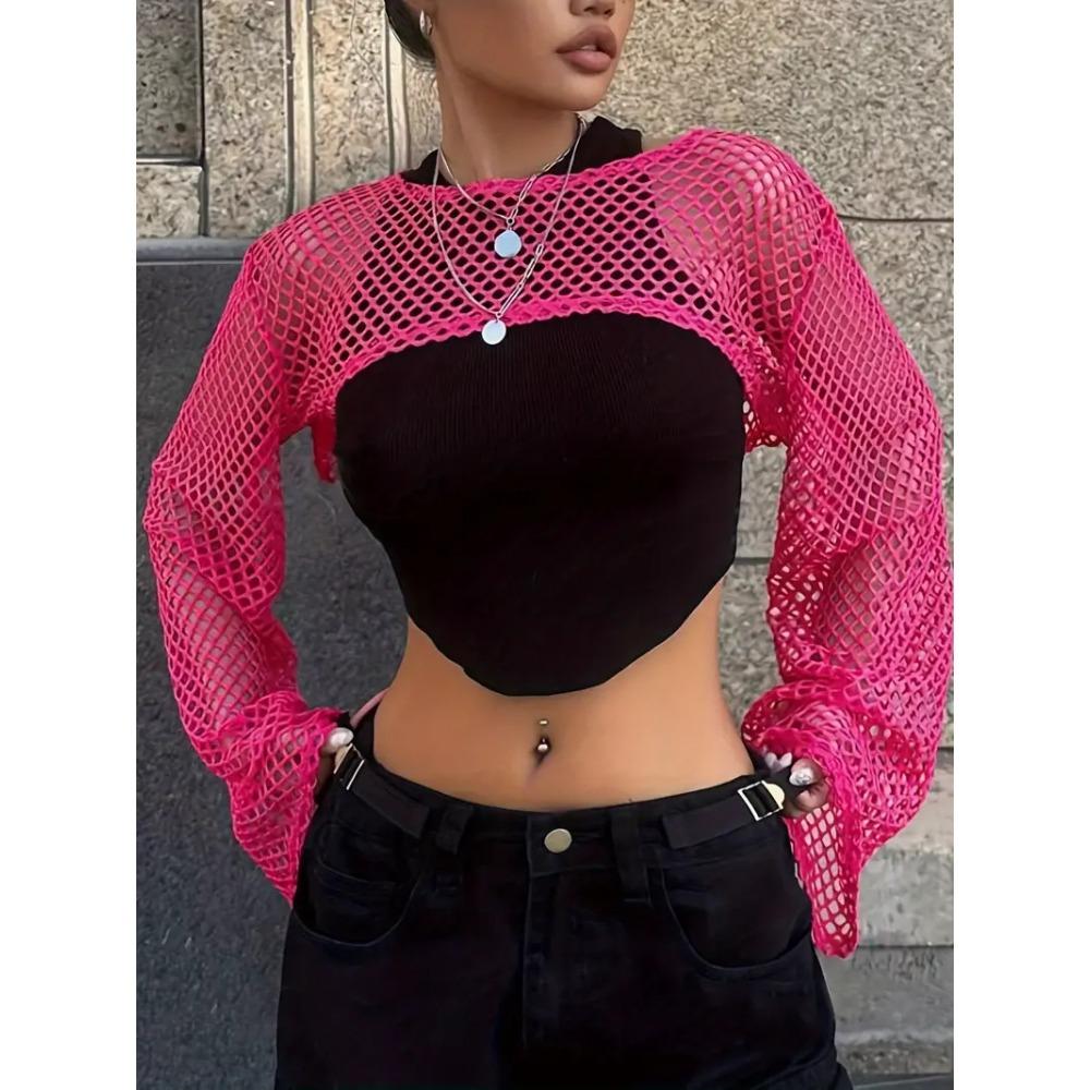 Mesh Solid Color Hollow Top Spring and Autumn Long-sleeved Hollow Ultra-short Casual T-shirt for Women