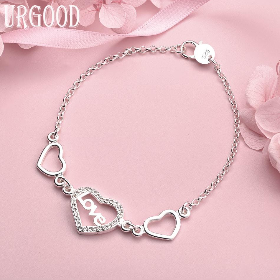 925 Sterling Silver Heart Bracelet Gift Wedding Fashion Jewelry