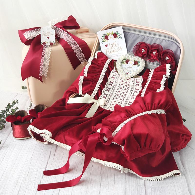 Baby Girl Red Lace Rose Dress - First Birthday Princess Outfit with Gift Box