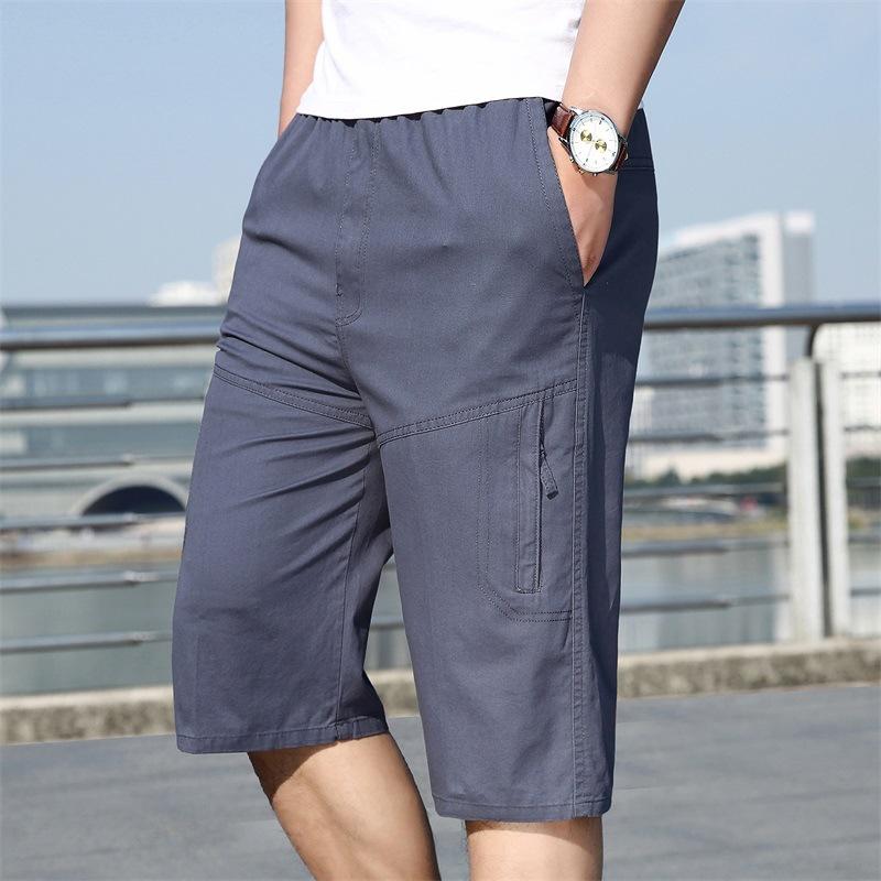 Summer New Men's Elastic Waist Solid Color Cropped Pants Large Size Fat Man Tooling Pure Cotton Outdoor Leisure Sports Shorts