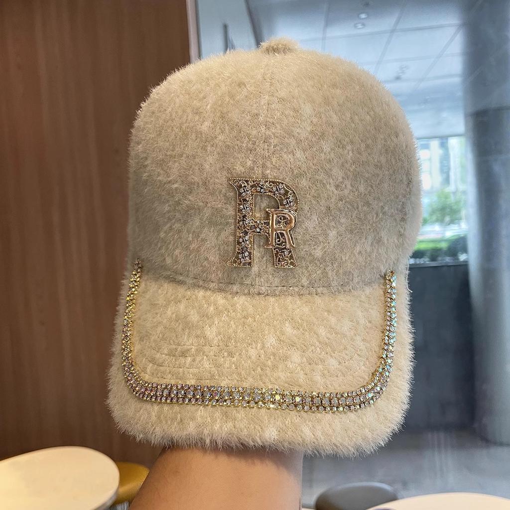 Rhinestone Alphabet Baseball Cap Women's Autumn and Winter Plush Warm Hat Fashion Versatile Mink Hair Cap