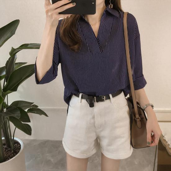 Plus Size Summer Casual Women Striped Lapel V Neck 3/4 Sleeve Loose Shirt Blouse
