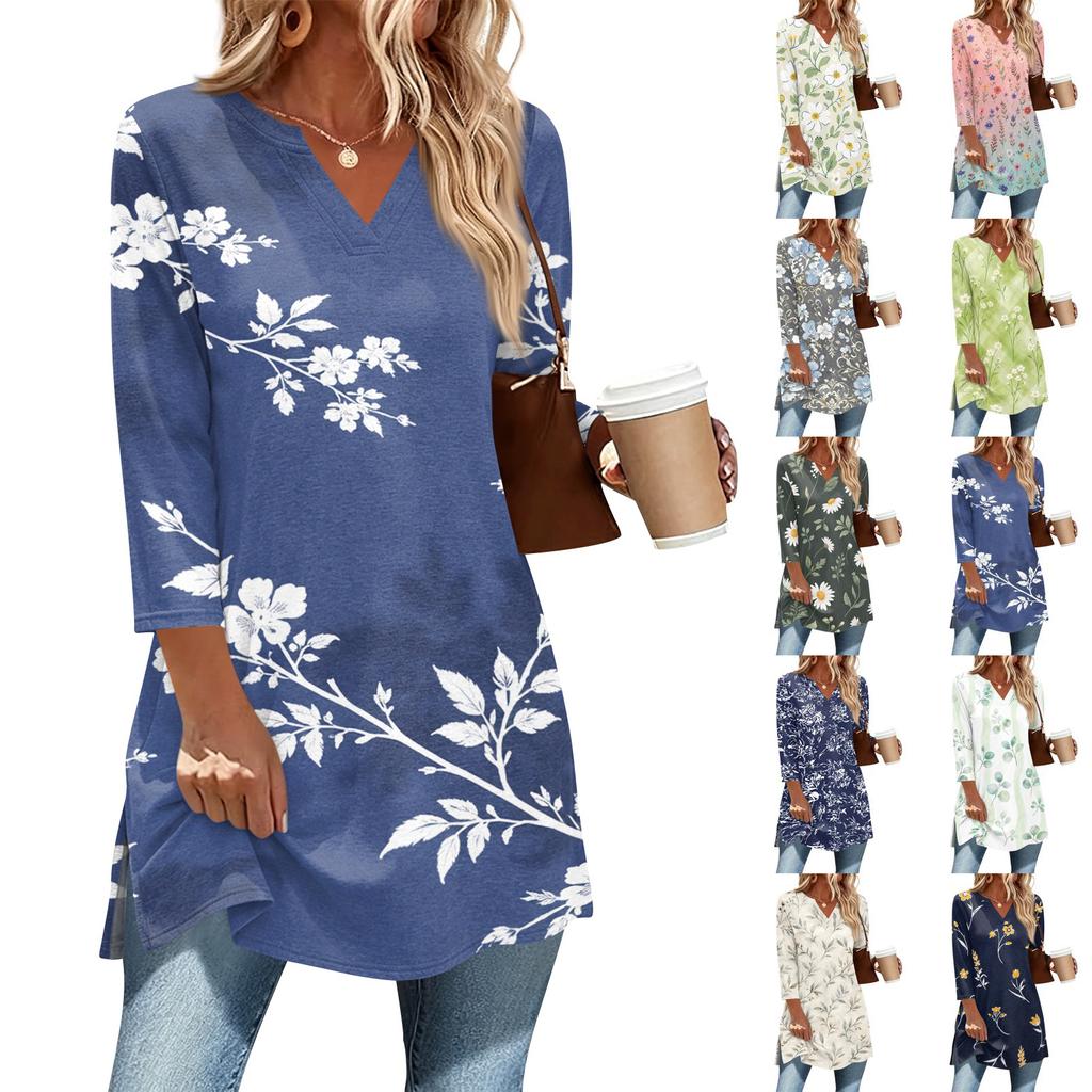 Womens Casual V Neck 3/4 Sleeve Pullover Tunic Top Floral Print Mid Length Blouse Lightweight Comfortable Fit