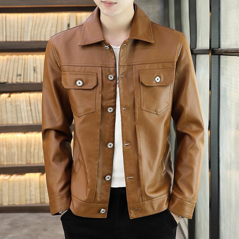 New men's leather jacket, Korean version, slim, trendy, young and handsome, casual winter plus fur collar leather jacket