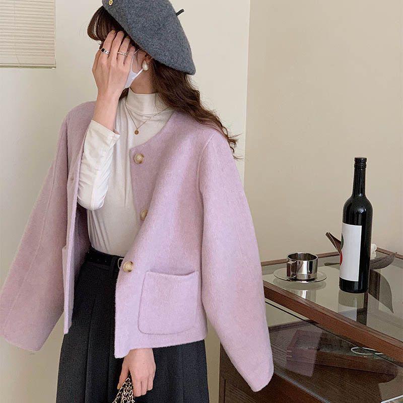 Korean Petite High-Waisted Wool Coat - Pink Short Jacket for Autumn/Winter
