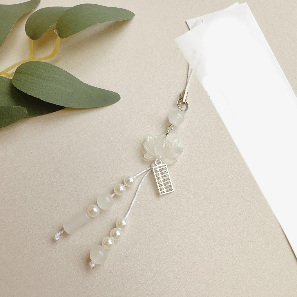 Lotuses Flower Phone Charm Ancient Style Keychain Pendant with Acrylic Beads Handmade Beaded Cellphone Lanyard