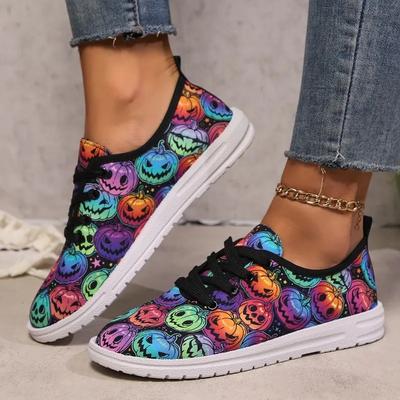 Women Sneakers Female Canvas Casual Skeleton Shoes Lady Chrysanthemum Leopard 3D Printed Pumpkin Pattern Festival