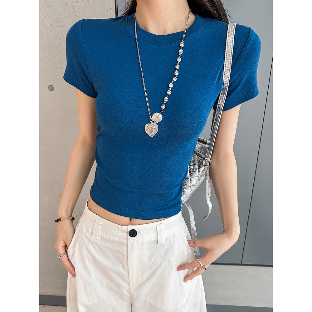 Women's Round Neck Short Sleeve Blouse Slim Fit Casual Style Ruched Cropped Cotton Tee