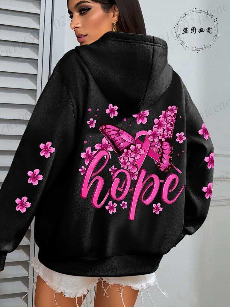 Hope Pink Ribbon Butterfly Breast Cancer Awareness Warrior Print Hoodies Women Casual Fashion Hoody Fleece Harajuku Trend Hooded