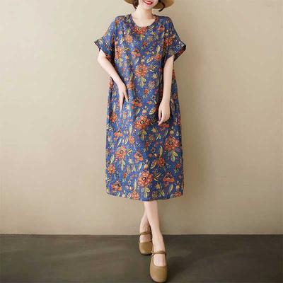 Summer Thin Cotton and Linen Retro Mid Length Dress with Feminine Temperament