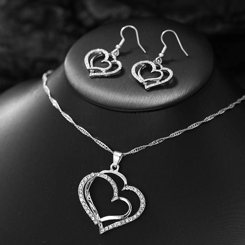 3Pcs/Set Heart Shaped Jewelry Set Of Earrings Pendant Necklace For Women Party Exquisite Fashion Rhinestone Double Heart Peach Heart Jewelry Set