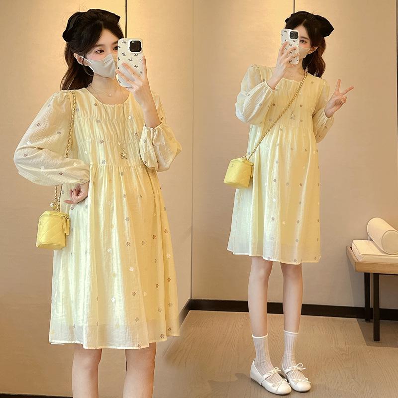 2026 Summer Korean Style Long Sleeve Round Neck Loose Plus Size Maternity Dress 2XL