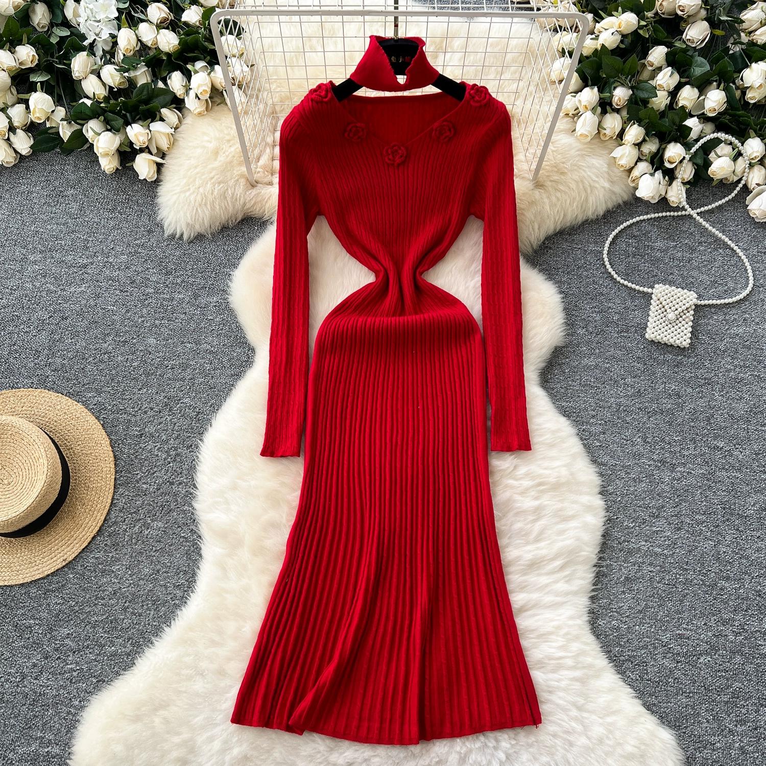 

Осень Зима Женский Элегантный Пуловер Свитер с V-образным вырезом и длинным рукавом, вязаный, с 3D цветами, Длинные Миди Платья для Вечеринки One Size красный