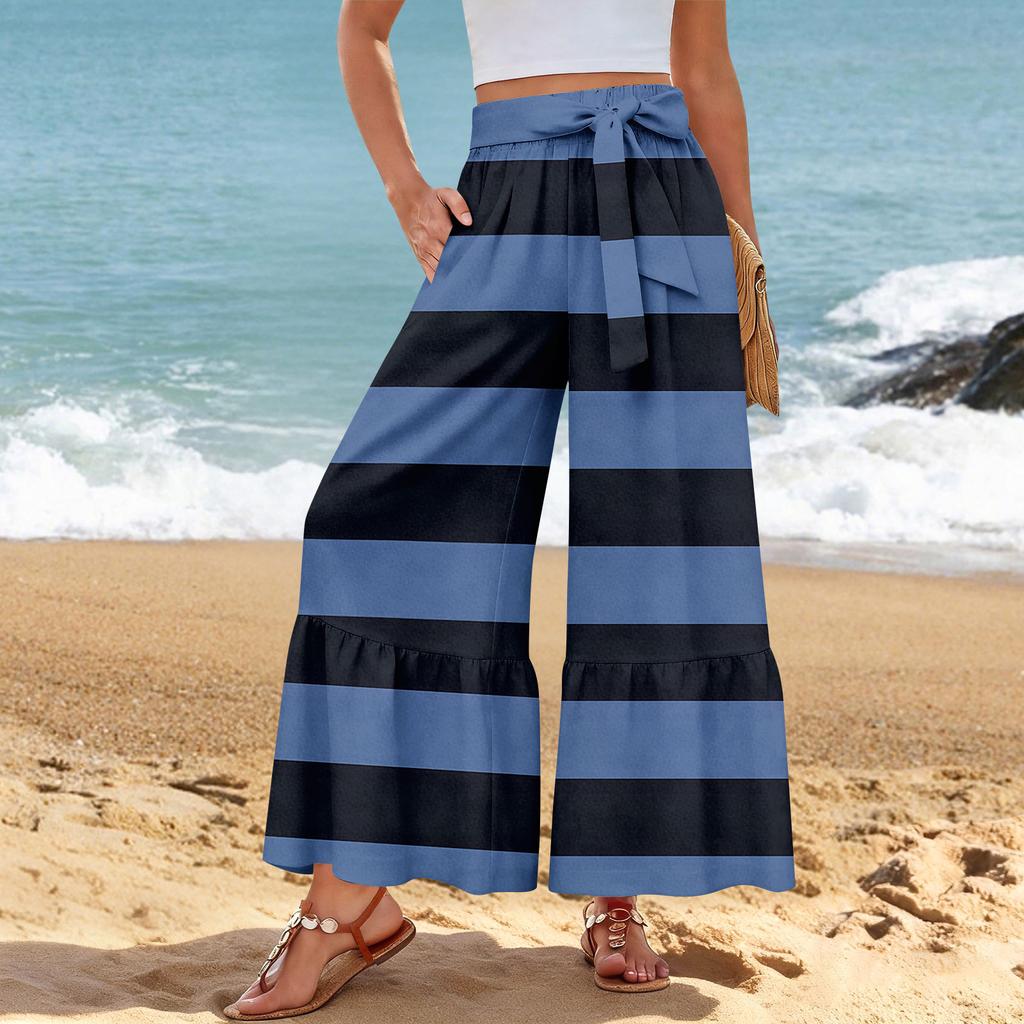 Pantalon décontracté large pour femme, Stretch, Taille haute, Ourlet à volants, Jambes larges, Ceinture, Et poches
