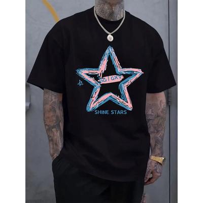 European Size Men's T-Shirt - Powder Blue Short Sleeve Crew Neck Top with Star & Galaxy, Machine Washable Casual Shirt Suitable for Summer Spring