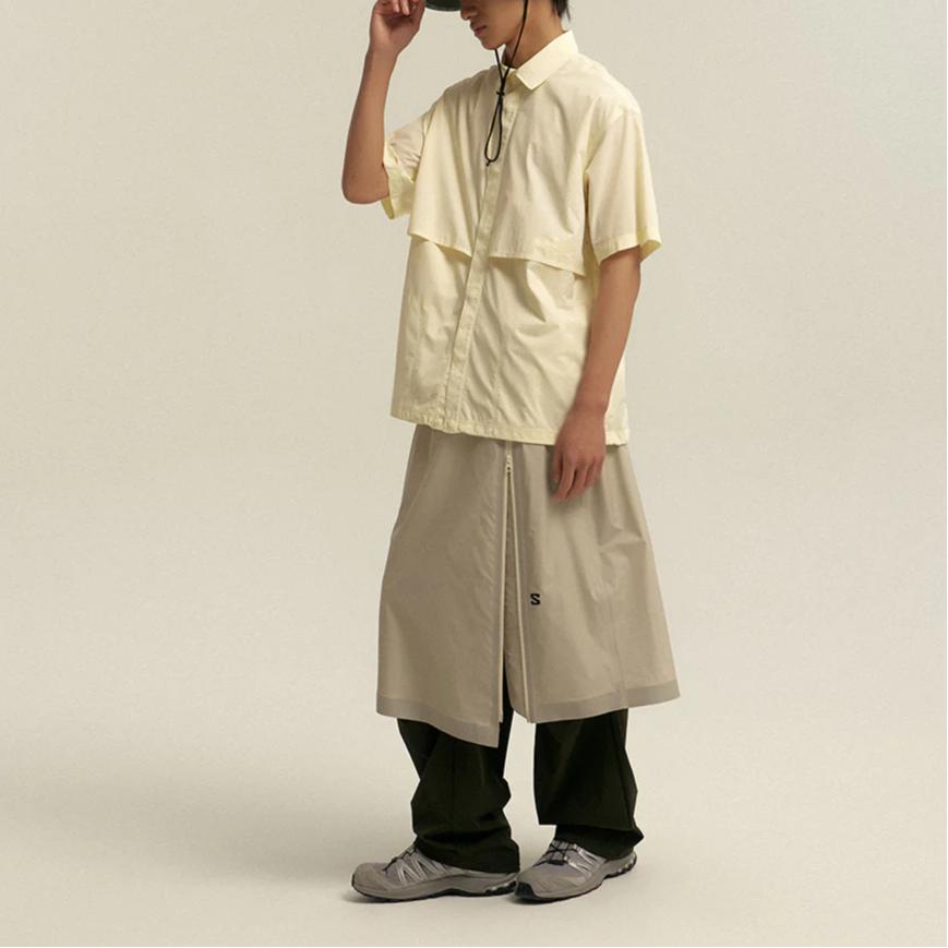 SALOMON Solid Color Polo Button Short Sleeve Shirt Men Shirts Beige C28139