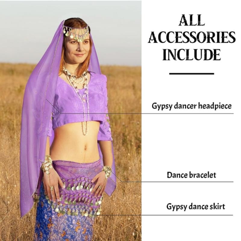 Gypsys Costume Accessories for Women Belly Dance Outfits Head Scarf with Belly Dance Coins Hip Scarf Chain Bracelets