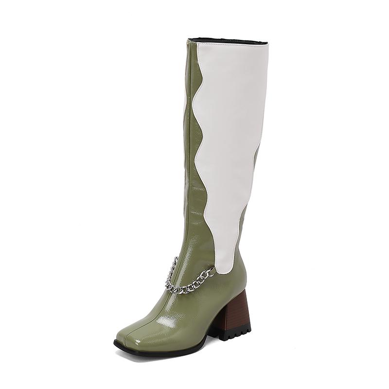 Hochwertige Lederstiefel für Damen Mode Dicke Hohe Absätze Kette Reißverschluss Kniehohe Stiefel Rutschfest Gemütliches Filzfutter Damenstiefel