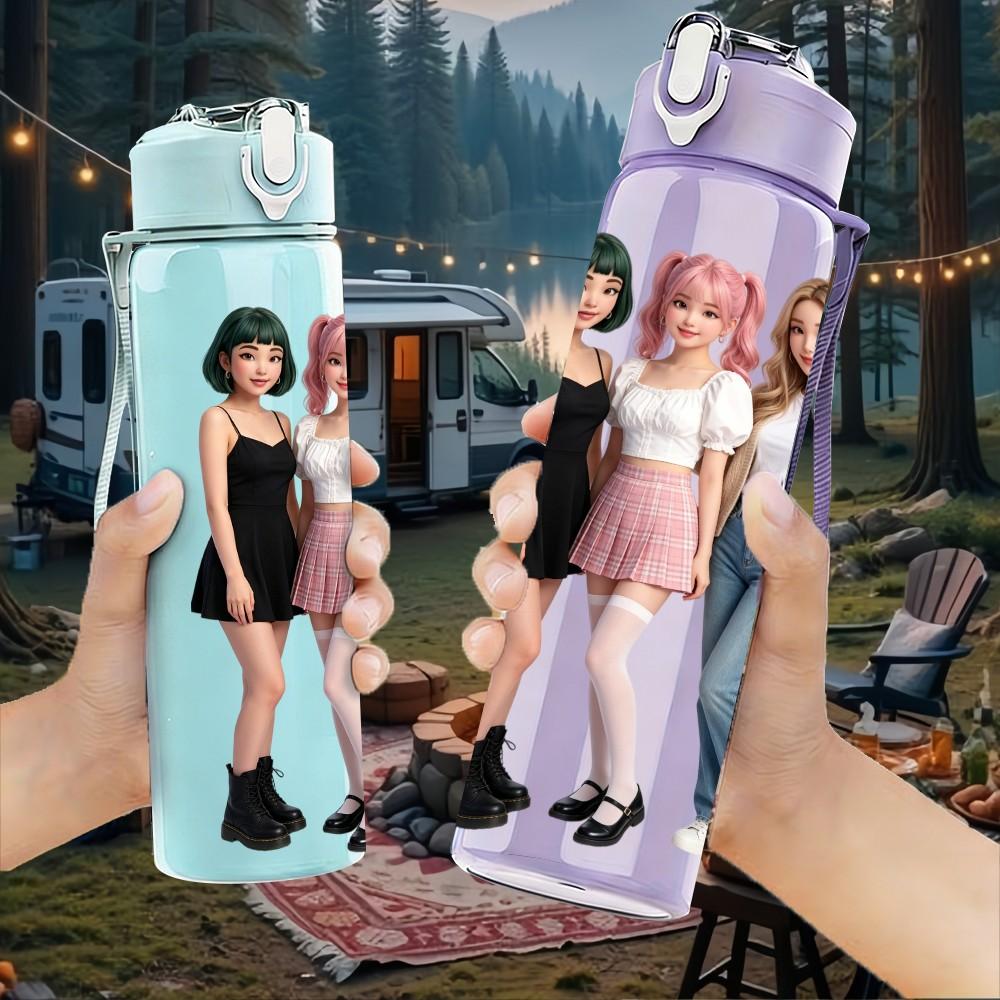 1PC Three Young Ladies Casual Group 750ml Color Plastic Sports Water Bottle Leakproof Flip Straw Lid Suitable for Sports Office Home Use