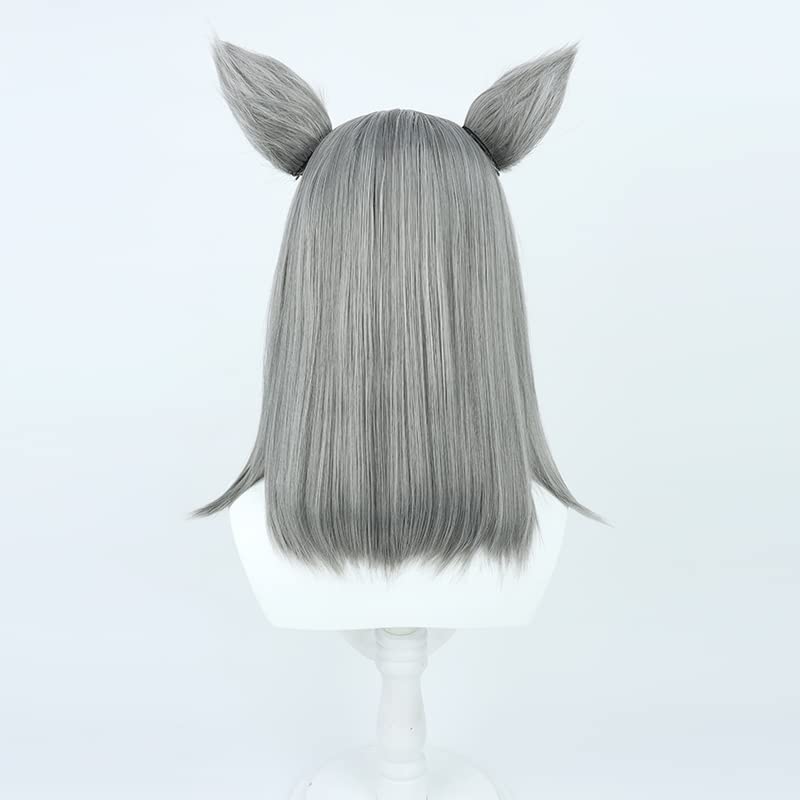 Cosplay Wig with Net, Shiroko Sand Wolf Style, Gray, with Ears, Heat Resistant, Costume Accessory