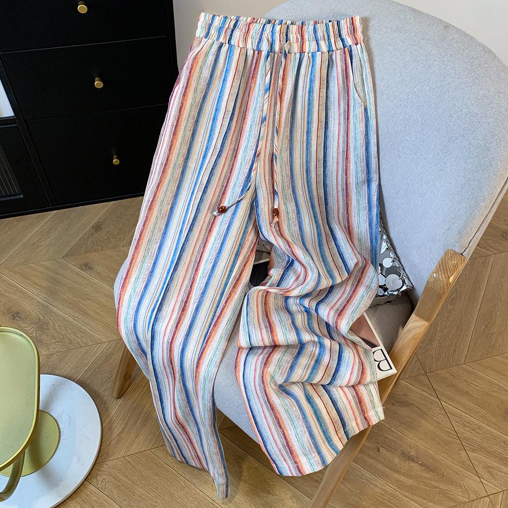 Pantaloni Lunghi Larghi a Righe Arcobaleno Estivi da Donna Coulisse Elastico Vita Alta Stile Boho Vacanza Spiaggia Pantaloni Casual Colorati