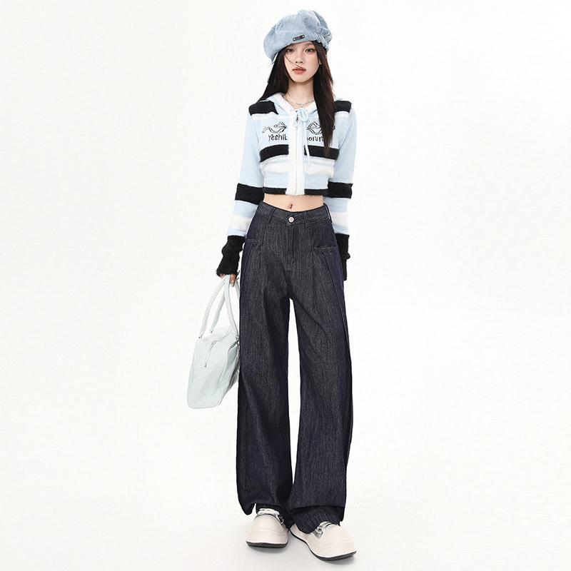 Women s 2024 Autumn Dark Blue High Waist Wide Leg Jeans Extra Large