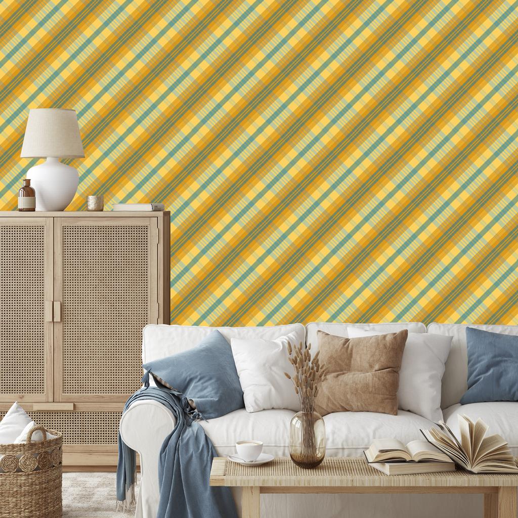 Yellow and blue checkered wallpaper gold, yellow, beige and lime 50x1000