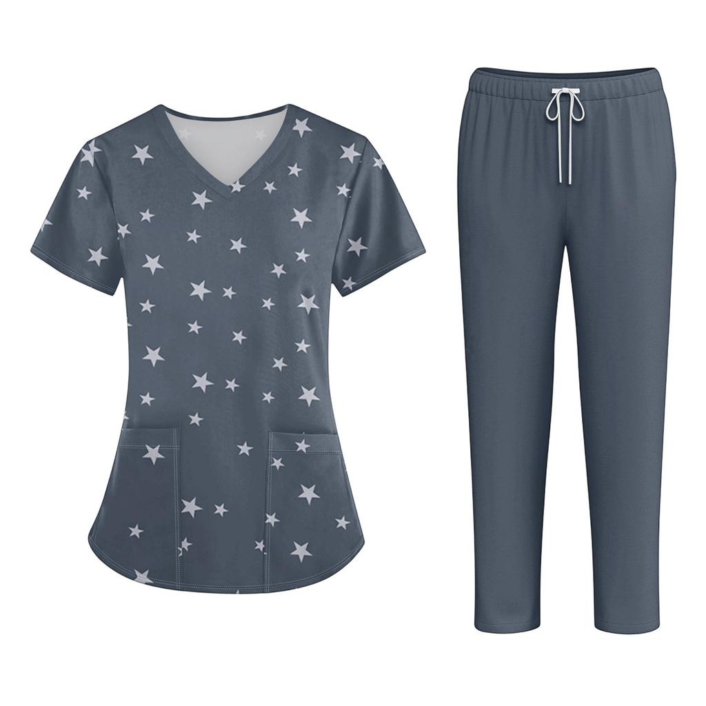 Plus SizePrinted Scrub Working Uniform Tops For Women's Cross V-Neck Halloween Print Short Sleeve Fun T-Shirts Workwear Tee With Pockets