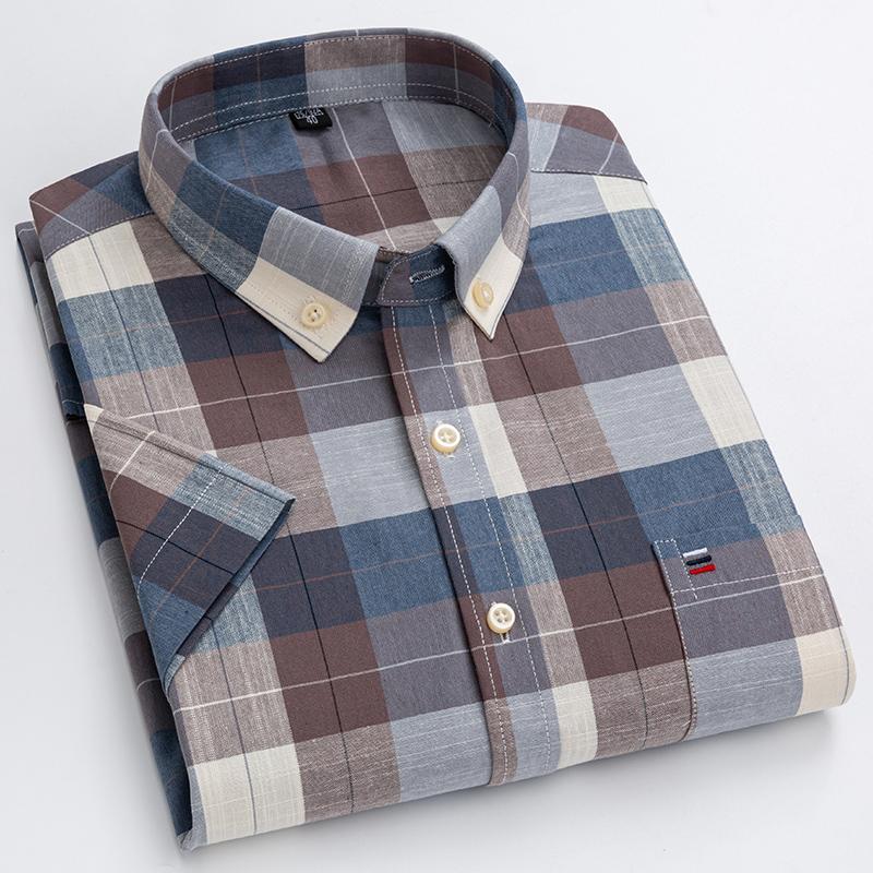 Letnie Nowe Męskie Koszule Oxford Krótki Rękaw 100% Bawełna Kratka Miękkie Regularny Krój Formalna Koszula Elegancka Koszula Społeczna Odzież Męska