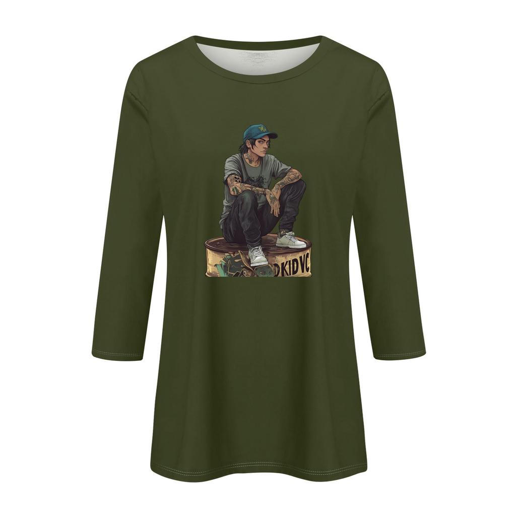 Women's Fashion Casual 3/4 Sleeve Street Print Round Neck Pullover Top