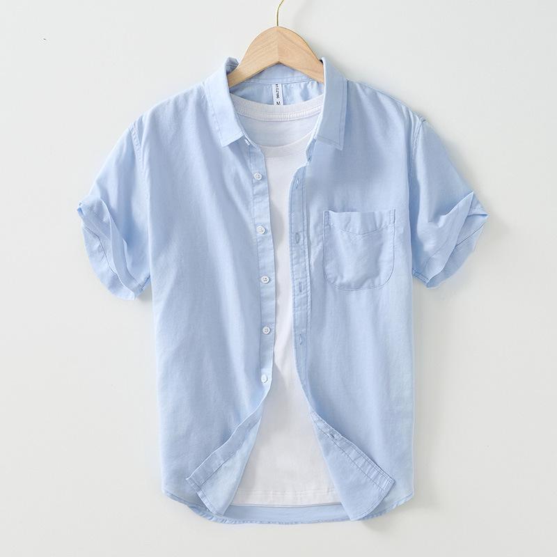 L990 Men's Minimalist Cotton Linen Square Neck Short Sleeve Shirt, Solid Color