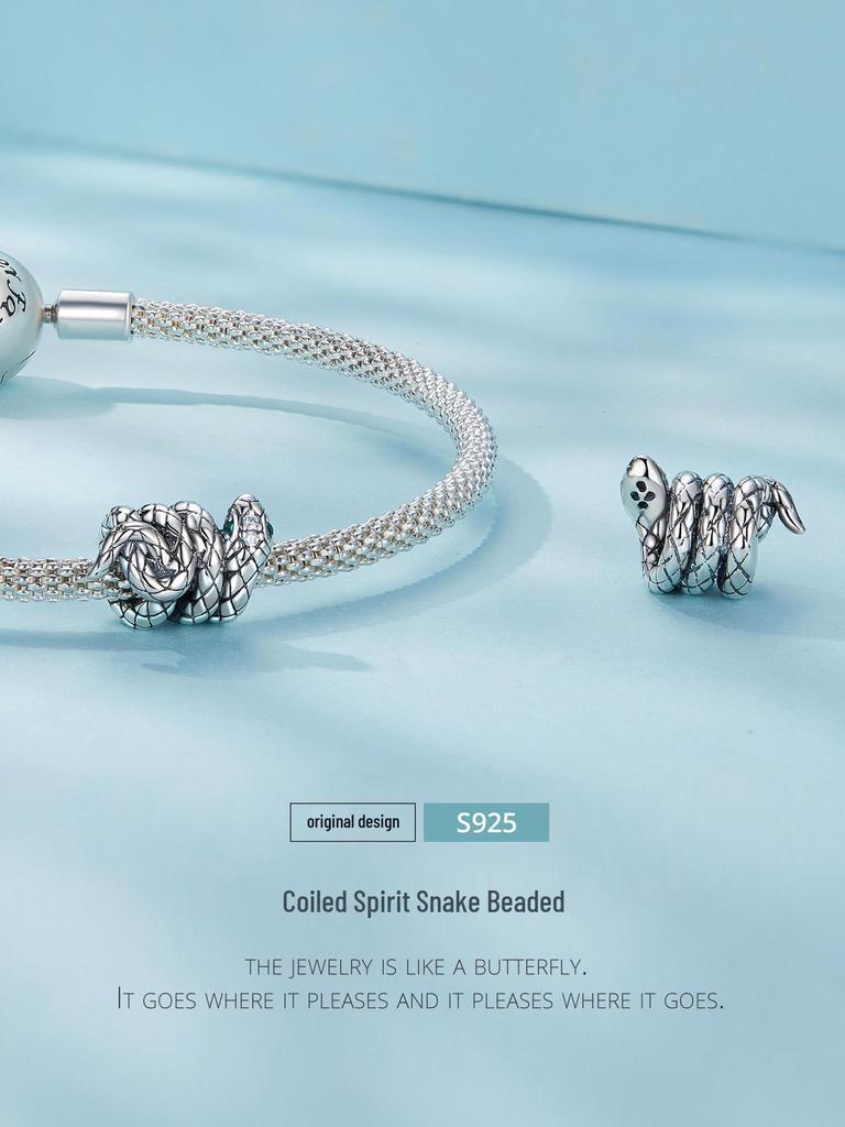 S925 Sterling Silver Coiled Snake Beads: Retro Dark Style DIY European & American Scattered Beads
