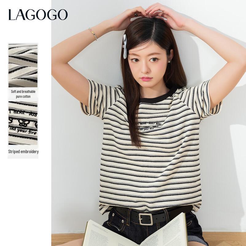 LAGOGO Women s Striped Embroidered T-Shirt M