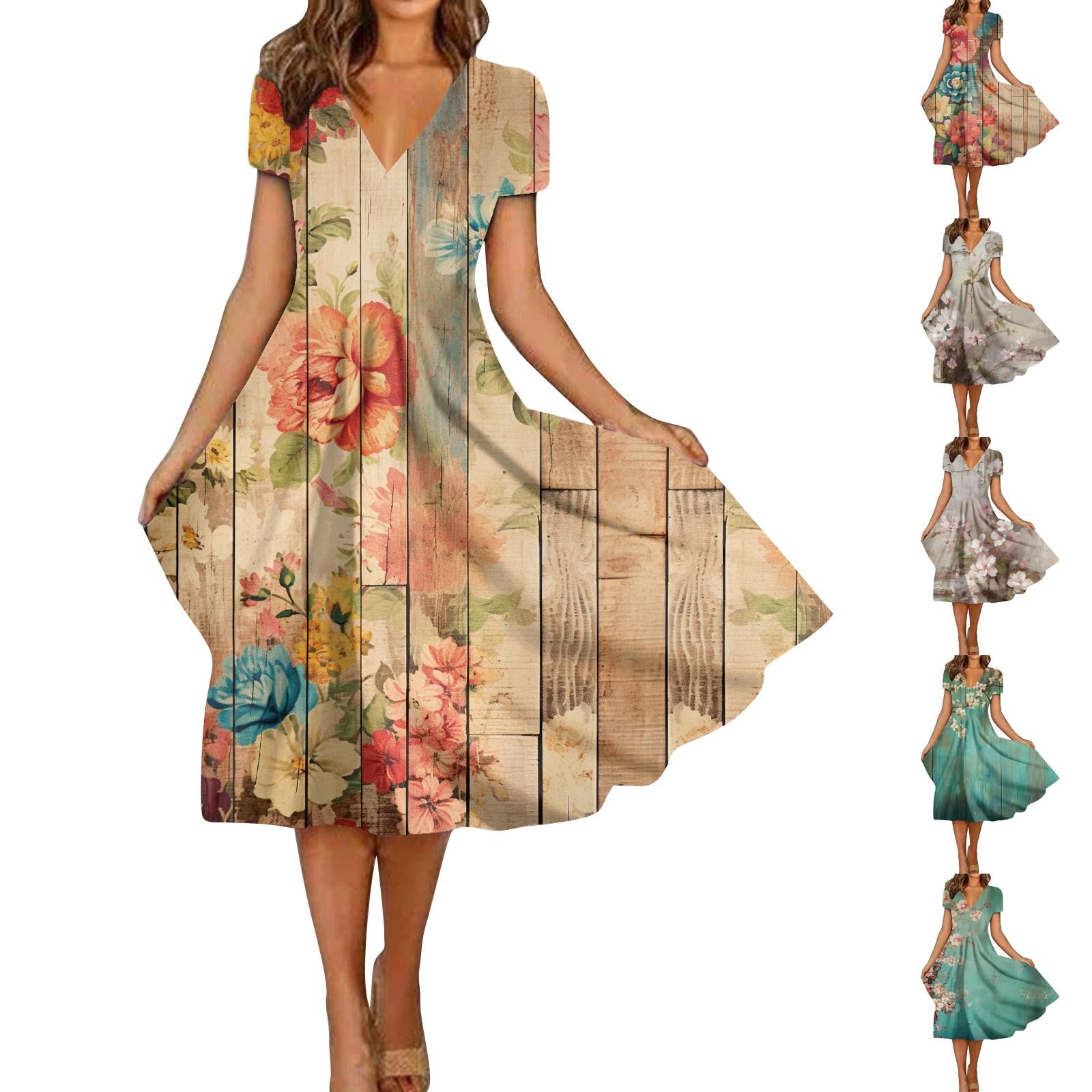 

Летние повседневные платья для женщин, свободный сарафан с коротким рукавом, платье-футболка с цветочным принтом