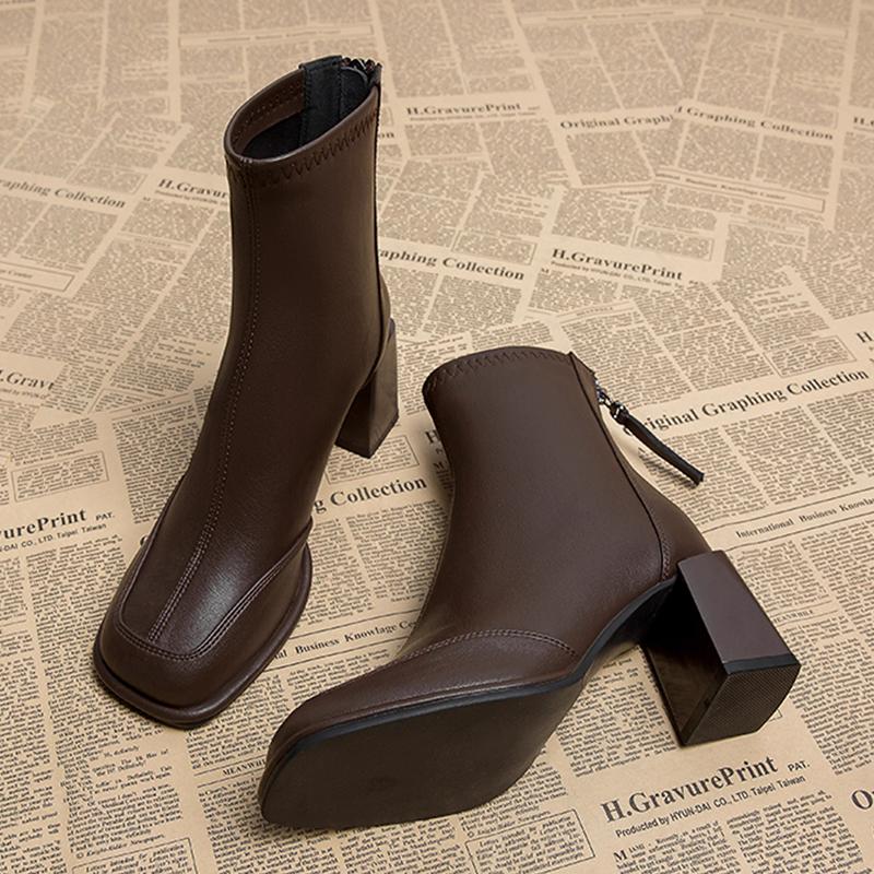 Fashion French Retro High Heel Black Ankle Boots Women 2025 Winter Brand Design Square Toe Woman's Chelsea Boots Back Zip Solid Booties