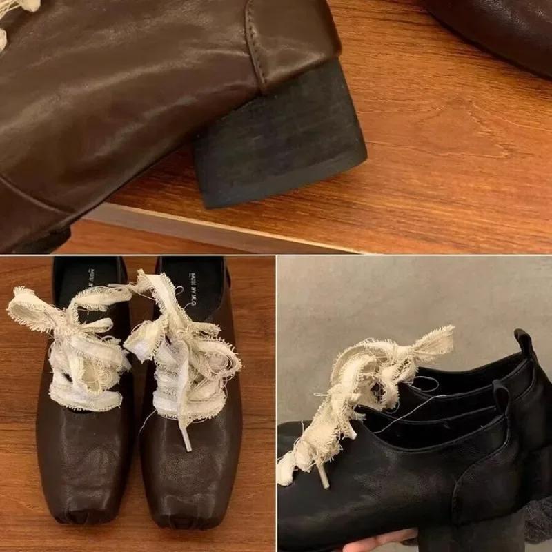 Women's Fashion Thick Heel Shoes Spring New Square Head Front Lacing Anti-slip Wear-resistant High Heels