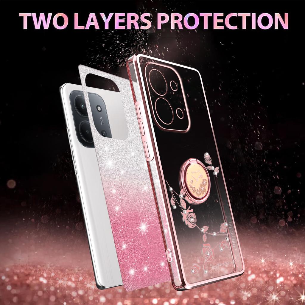 Dla Xiaomi Redmi 15C 4G (UE) (173mm)/5G (UE) (173mm)/Poco C85 4G (173mm) Etui Podstawka TPU Kwiaty Pokrowiec na Telefon Gradientowy Brokat