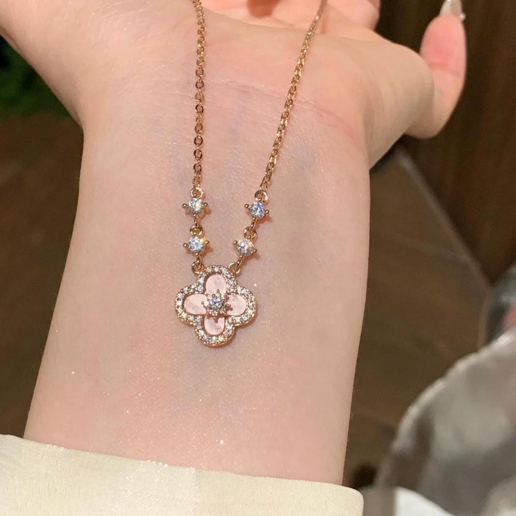 Rosa Muschel Diamant Vierblättriges Kleeblatt Halskette - Damen Luxus Elegant Vielseitig Schlüsselbein Kette