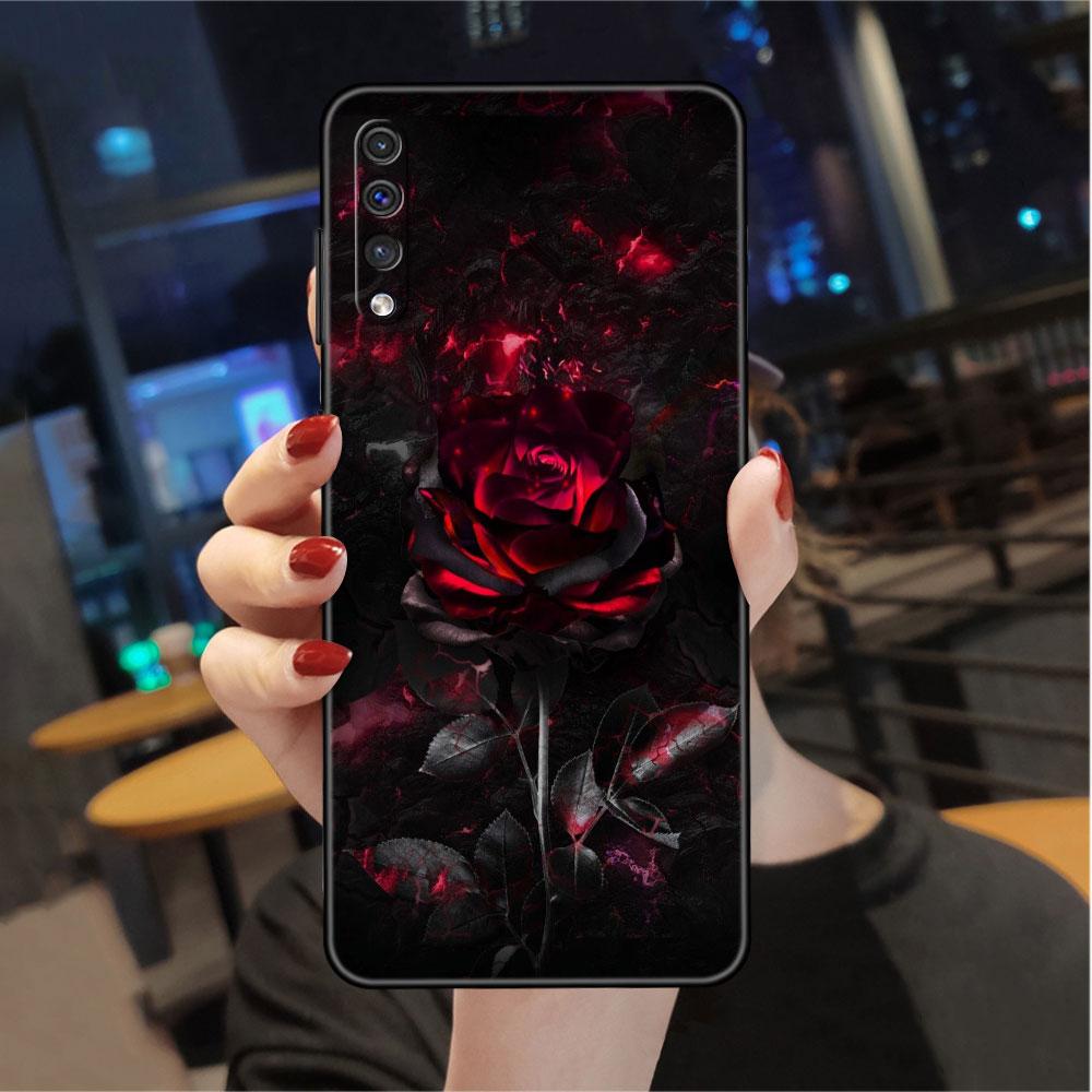 Case For Samsung Galaxy A50 A70 A30 A20s A20e A10 A40 A10s A10e M52 M51 M31 M30s M21 Black Phone Cover Bright Red Rose Flowers
