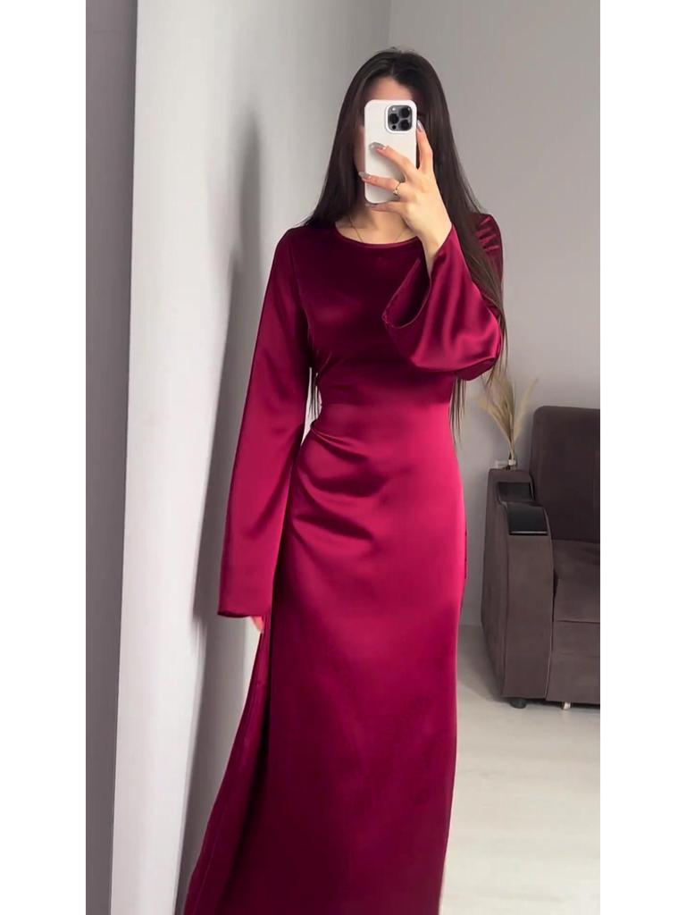 Rochie Maxi cu Mâneci Lungi și Cordon în Talie pentru Slăbire, Culoare Solidă, Primăvara 2024